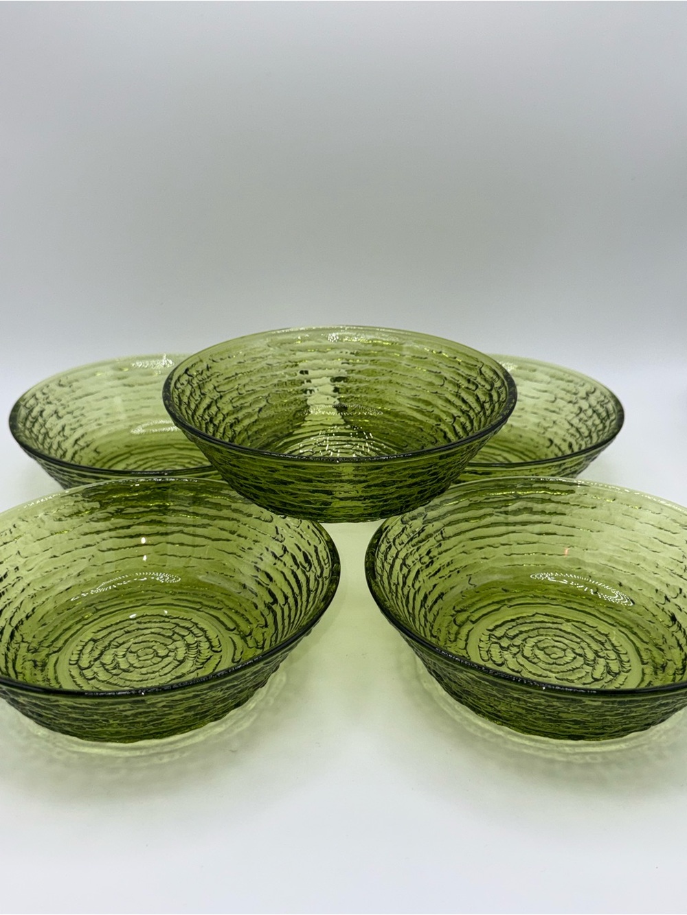 Soreno Style Vintage Anchor Hocking Olive Green Textured Glass Bowls - Set of 5